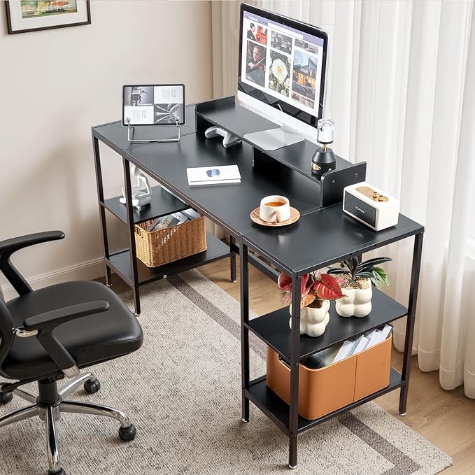 Computer Desk 55-inch with Storage Shelf - Black Ideal Gaming Desk for Bedrooms, Small Spaces, and Home Offices Modern Writing Desk for PCs.
