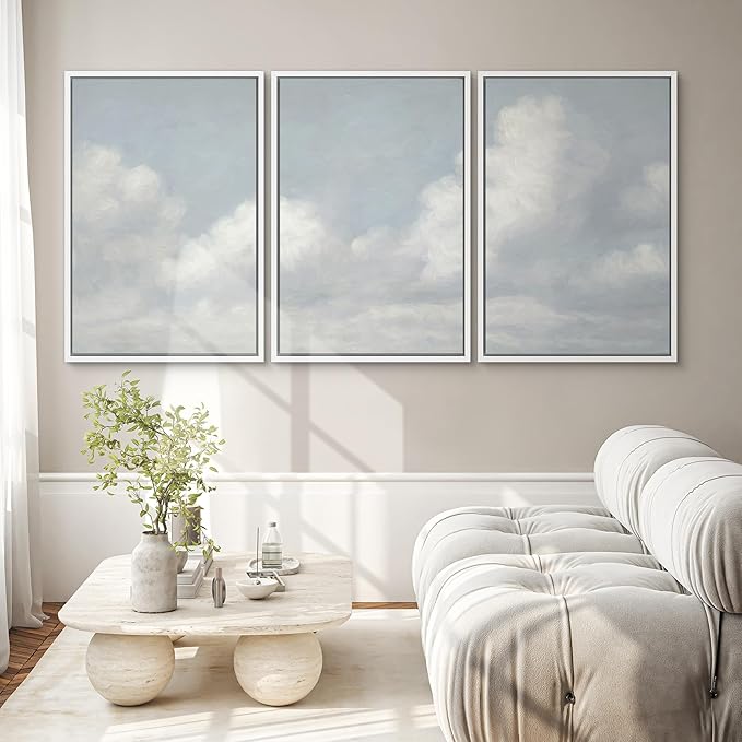 SIGNWIN Framed Canvas Print Wall Art Set Soft Sky and Clouds Minimalist Blue and White Cloudscape Illustrations Modern Art Decorative for Living Room, Bedroom, Office - 16"x24"x3 White