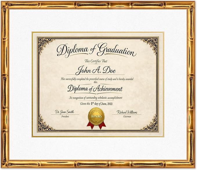 Diploma Frame Gold Bamboo with Oyster Shell Over Gold Double Mat - Fits 15 x 12 Military/Government Wall Display Made in the USA