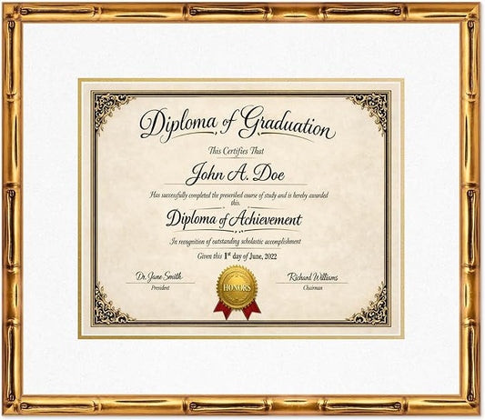Diploma Frame Gold Bamboo with Oyster Shell Over Gold Double Mat - Fits 15 x 12 Military/Government Wall Display Made in the USA
