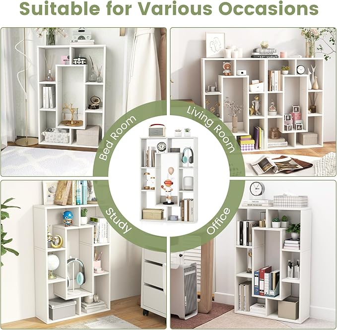 Tangkula 35.5” Geometric Bookshelf, Freestanding Wood Open Bookcase with 7 Cubes, Anti-Toppling Devices, Home Office Décor Rectangular Storage Shelf Display Rack for Study Living Room (1, White)