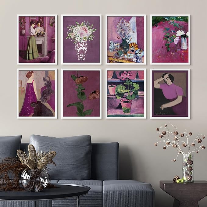 SIGNWIN Framed Poster Bathroom Decor, Wall Art Room Decor Multicolor for Living Room, Bedroom, Office Pink & Purple Female Portrait & Flowers Vintage Illustrations Bohemian - 12"x16"x 8 White