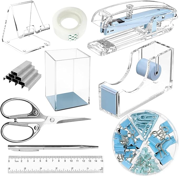 DRQ Blue Desk Organizers and Accessories Office Supplies, 10Pcs Set for Office with Stapler, Tape Dispenser, Pens, Pen Holder, Phone Holder, Tape, Ruler, 1 Box Staple, Scissors and 1 Box of Clip