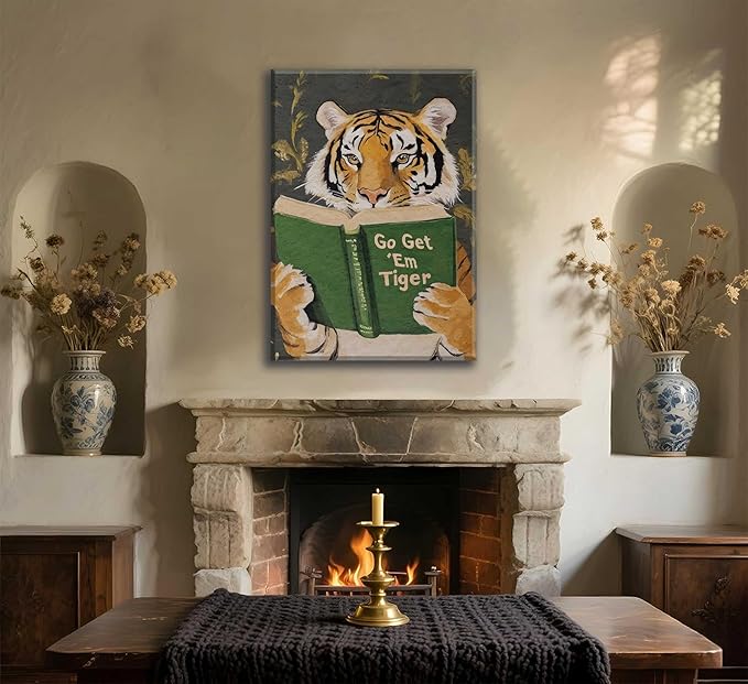 Vintage Motivational Tiger Reading Wall Art Go Get Em Tiger Canvas Wall Decor Funny Cute Prints Painting Humorous Bookworm Poster Picture For Home Bedroom Dorm Framed