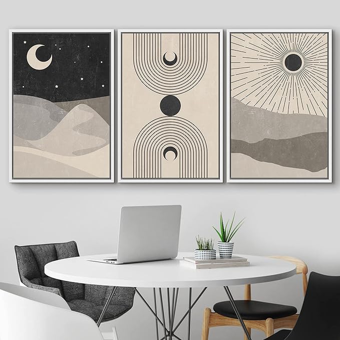 IDEA4WALL Framed Canvas Print Wall Art Set Crescent Moon Shining Sun Tropical Desert Astronomy & Space Nature Illustrations Modern Art Rustic for Living Room, Bedroom, Office - 24"x36"x3 White