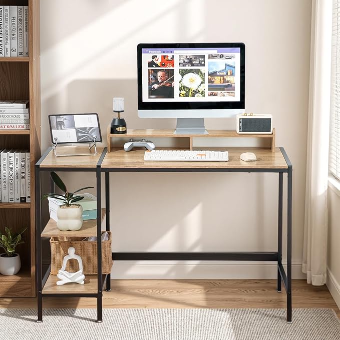 47-inch Computer Desk with Storage Shelf - Natural Wood Ideal Gaming Desk for Bedrooms, Small Spaces, and Home Offices Modern Writing Desk for PCs.