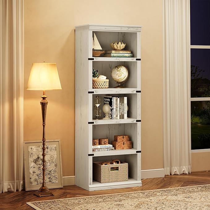 GarveeHome 5 Tier Farmhouse Bookcase, 67.4" Tall Book Shelf with Storage, Wooden Bookshelves 5 Shelf Display Shelves for Home Office(67.4" H x 31.5" W x 12.8" D) (White, 67.4" H x 24.4" W x 12.8" D)