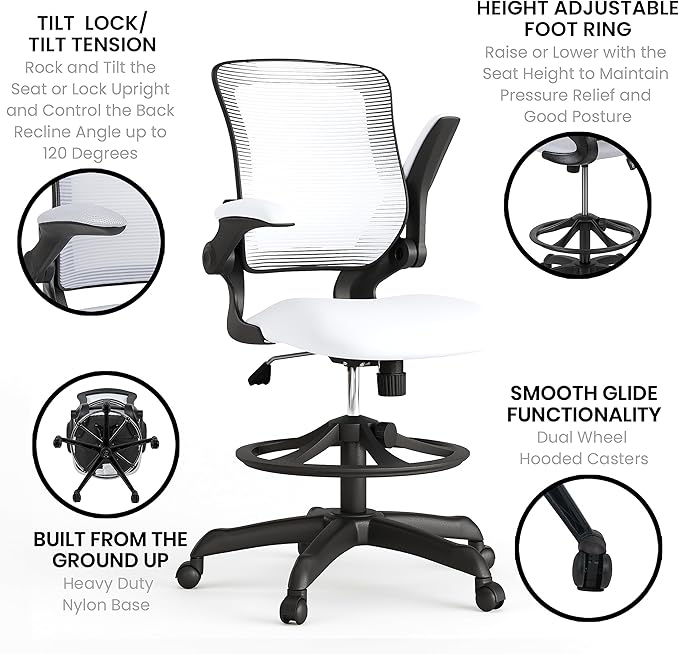 Flash Furniture Kale Mid-Back White Mesh Ergonomic Drafting Chair | Adjustable Foot Ring, Flip-Up Arms