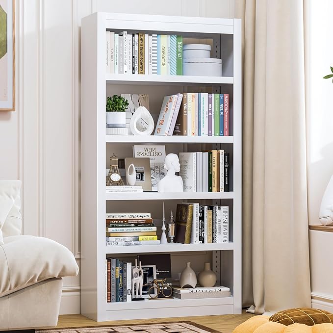 61'' Tall Metal Bookcase,Modern 5 Tier Bookshelf,White Open Adjustable Bookcases,Large Heavy Duty Display Bookshelves for Library,Office,Bedroom,Living Room