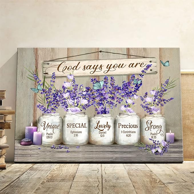 Parylore God Says You Are Canvas Wall Art Inspirational Lavender Butterflies Wall Decor Marson Jars Bible Verses Picture Framed Modern Artwork for Bedroom Bathroom Office Home Decor 12x16 In
