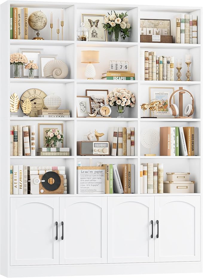 FACBOTALL 82.3" Triple Wide Bookshelf, 7-Tier Tall Bookcase with 15-Cube Open Bookshelf & 4 Doors, Large Bookshelf with Storage Cabinet, Modern Bookshelf for Living Room, Office, Study Room, White