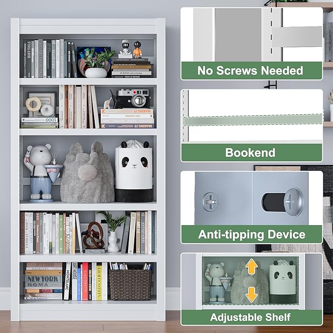 Metal Bookshelf, 5-Tier Bookcase, Modern Bookshelves with Adjustable Shelves, White Bookshelf for Home Office, Living Room, Garage, Small Space Living