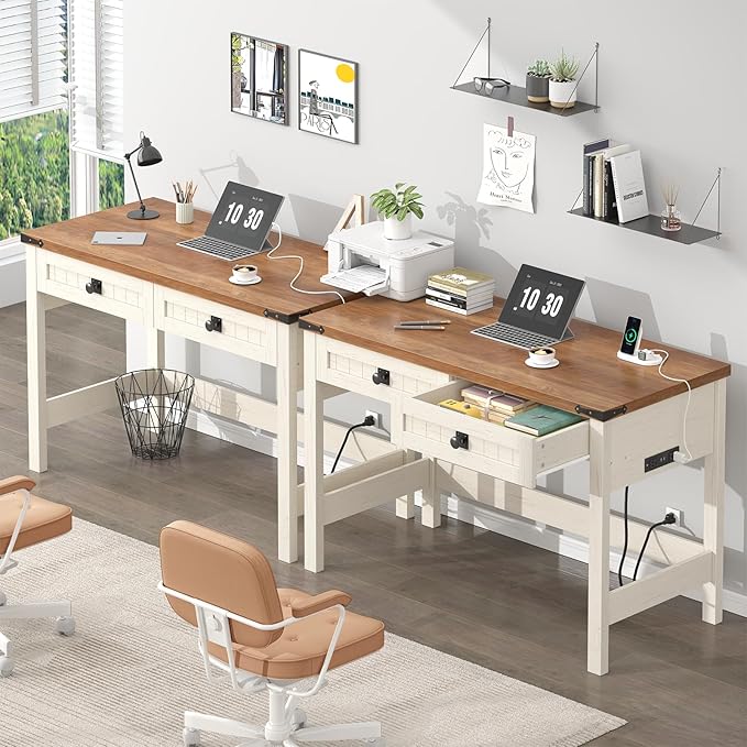 Farmhouse Computer Desk with 2 Drawers, 39 Inch Small Office Computer Desk with Power Outlets, Compact Writing Study Desk for Small Spaces, Antique White