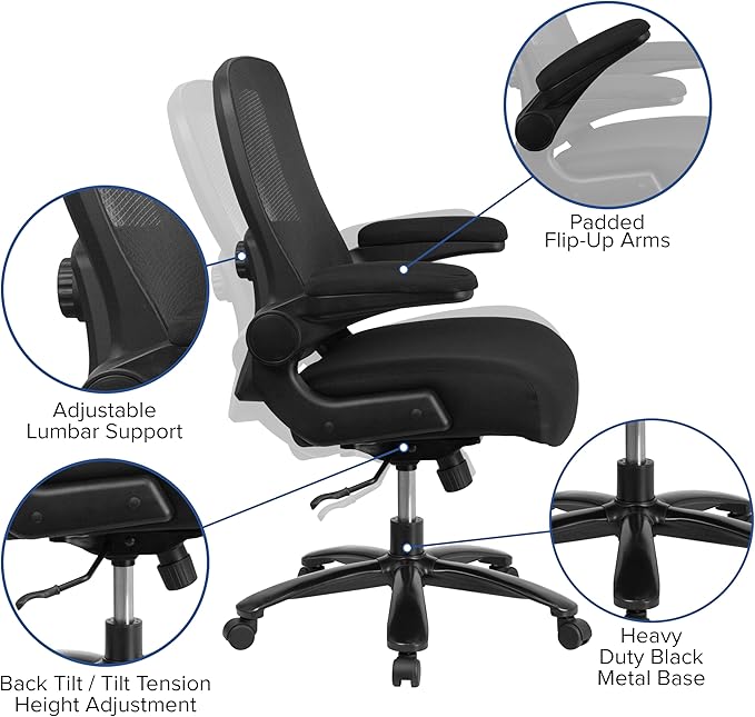 Flash Furniture Big & Tall Swivel Office and Gaming Chair with Lumbar and Back Support, Ergonomic Mesh Office Chair with Flip-Up Armrests and Adjustable Height, Black