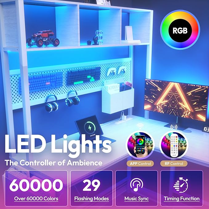 Dowinx 67” L-Shaped Gaming Desk with Pegboard & Drawers, Reversible Computer Desk with RGB Lights & Power Outlets, Corner Workstation with Storage & Hutch for Home Office & Gaming White
