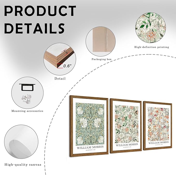 InspiredHues 3 Pieces William Morris Classic Canvas Wall Art, Green Pink and White Floral Design Wall Decor, Vintage Botanical Art Prints for Living Room Office Home Decoration 12x16 inch Wood Framed