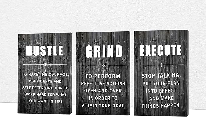 Office Wall Art - 3 Panel Motivational Wall Art, Inspirational Quotes Canvas Art for Home Office Wall Decor, Positive Quotes Wall Decor, Entrepreneur Grind Hustle Execution Poster Frame (12”x24”x3Pcs)