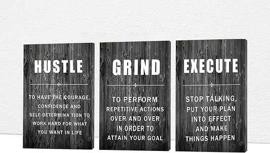 Office Wall Art - 3 Panel Motivational Wall Art, Inspirational Quotes Canvas Art for Home Office Wall Decor, Positive Quotes Wall Decor, Entrepreneur Grind Hustle Execution Poster Frame (20”x30”x3Pcs)