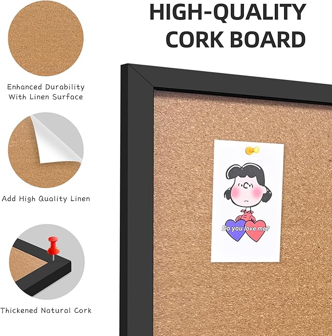 Cork Bulletin Board, 36x24 Inches Hanging Cork Board Wooden Framed with Pins for Wall, Dorm Room, Office, Home Decor – Natural Cork & Black Frame