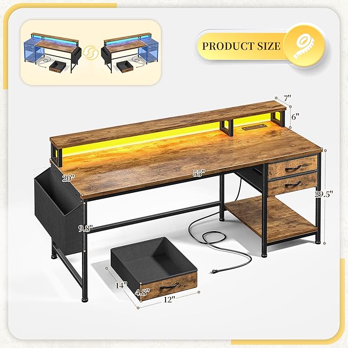 55" Gaming Desk with LED Strip, Computer Desk with Drawers & Storage Bag, Office Desk with Power Outlets & Monitor Stand, Home Office Desks for Bedroom, Gaming Room, Rustic Brown