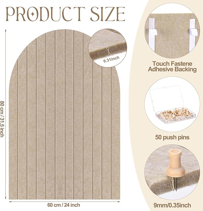 31.5 X24 Inch Large Arch Felt Bulletin Board with 50 Wooden Pushpins Decorative Picture Framed Display Board Felt Tile Wall Organizer for School Home Office Boho Wall Decor(Dark Camel)