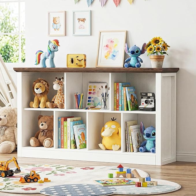 Unikito 7 Cube Storage Book Shelf - 50" Wide Wood Cube Storage Organizer, Wooden 2 Tiers Floor Standing Low Bookcase for Living Room, Bedroom, Home Office, Kids Room