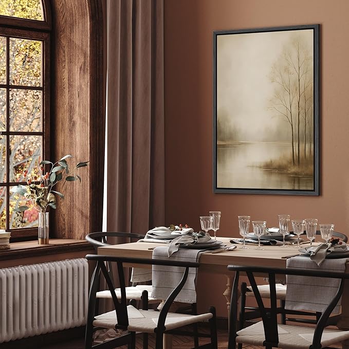 SIGNFORD Framed Canvas Print Wall Art Serene Foggy Lake Landscape with Bare Trees Illustrations Digital Art Modern Art Decorative Multicolor Rustic Minimal for Bedroom - 16"x24" BLACK