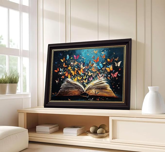 Dark Brown Frame Colorful Butterfly Book Canvas Wall Art Butterfly Emerging From Book Wall Decor Picture Reading Enthusiasts Poster Print for Library Reading Room Modern Reading Home Decoration