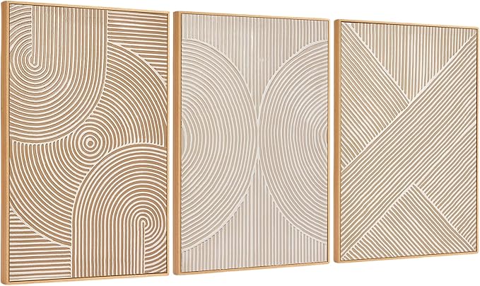 Zessonic Neutral Minimalist Textured 3D Wall Art Abstract Hand-Painted Framed Wall Decor Geometric Artwork Canvas Paintings- Living Room Bedroom Office - Modern Boho Neutral Line 16"x24" 3 piece