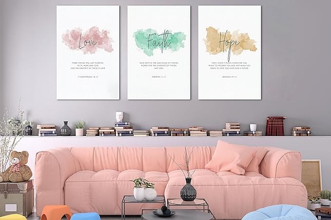 SHMAO Bible Canvas Wall Art Motivational Wall Decor, 3 Piece Love Faith Hope Canvas Print Pictures for Office Wall Decor Women Inspirational Framed Artwork Home Office Decor 20”x30”x3 Panels