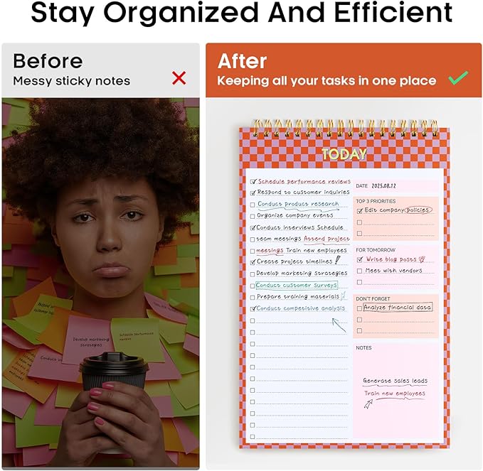 Taja To Do List Notepad - To Do List Notebook for Work with 52 Sheets, 9.8" x 6.5", Undated Daily Planner Perfect for Daily Tasks and Goal Setting, Notepad Suitable for Office, Home & School - Sunset Checkered