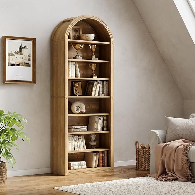 LITTLE TREE 8-Tier Bookcase, 78.7" Tall Bookshelf with Arched Top, Large Freestanding Wooden Open Bookcase Bookshelf, Modern Display Book Shelf for Living Room, Bedroom, Office, Library, Vintage Brown