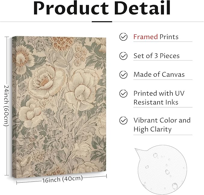 Vintage Flower Wall Art Decor Beige Floral Canvas Wall Art Botanical Rustic Pictures Prints Farmhouse Antique Painting Vintage Flower Poster for Living Room Bedroom 16x24 Inch Wrapped Canvas Set of 3