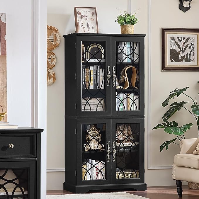 67" Tall Bookshelf Set of 3, Vintage Book Shelf with Glass Doors, 5-Tier Wood Bookcase w/Adjustable Storage Shelves, Freestanding Rustic Curio Display Cabinet for Living Room, Office, Black