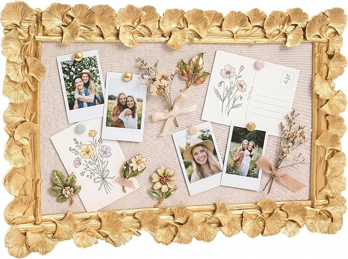 Vintage Framed Pin Board Linen Display Bulletin Board Large Cork Fabric Picture Photo Pinboard Memo Ornate Decorative Pinboard Ornate for Wall Gift(Ginkgo Leaf,30'' X 20'',Gold)