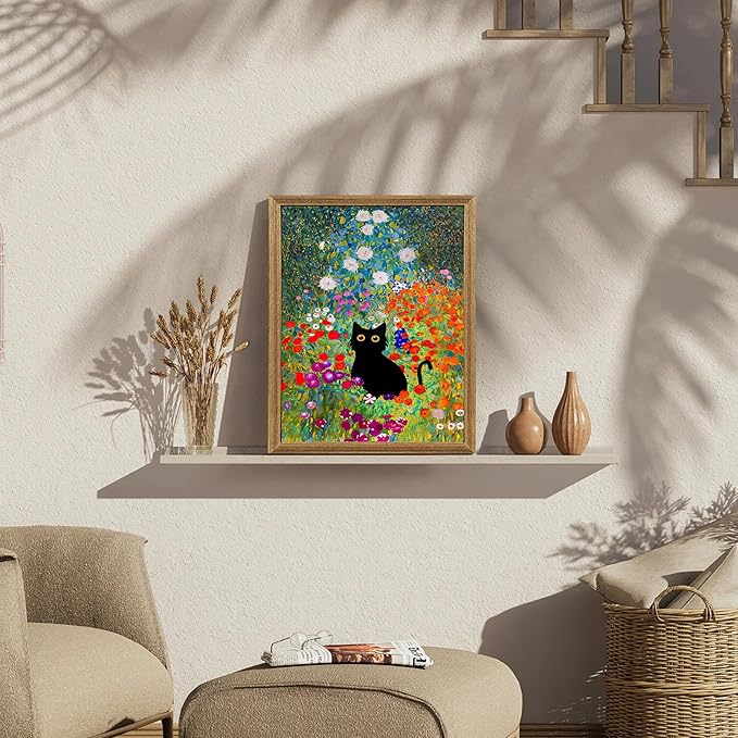 Fantasy Artists Gustav Klimt Canvas Wall Art, Framed Aesthetic Cat Floral Wall Decor, Garden Flower Black Cat Poster Paintings for Living Room Bedroom Bathroon, Dorm Home Decorations, 8" X 10"