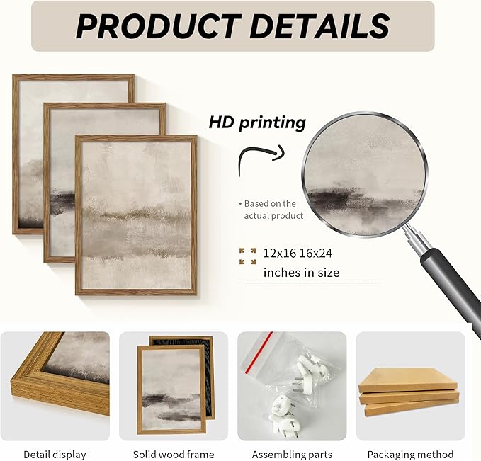 3 Piece Large Abstract Framed Wall Art, Neutral Beige Modern Art Wall Decor, Contemporary Minimalist Canvas Prints, Watercolor Paintings for Living Room Bedroom Dining Room Office 12x16 Inch