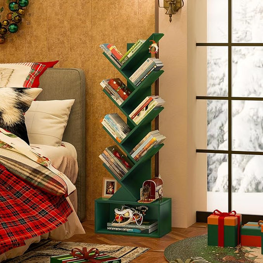 9 Tier Tree Bookshelf,Christmas Green Bookcase for Narrow Space, Storage Organizer Floor Standing Bookshelves for Books, Tall Book Case for Home Office, Living Room, Bedroom