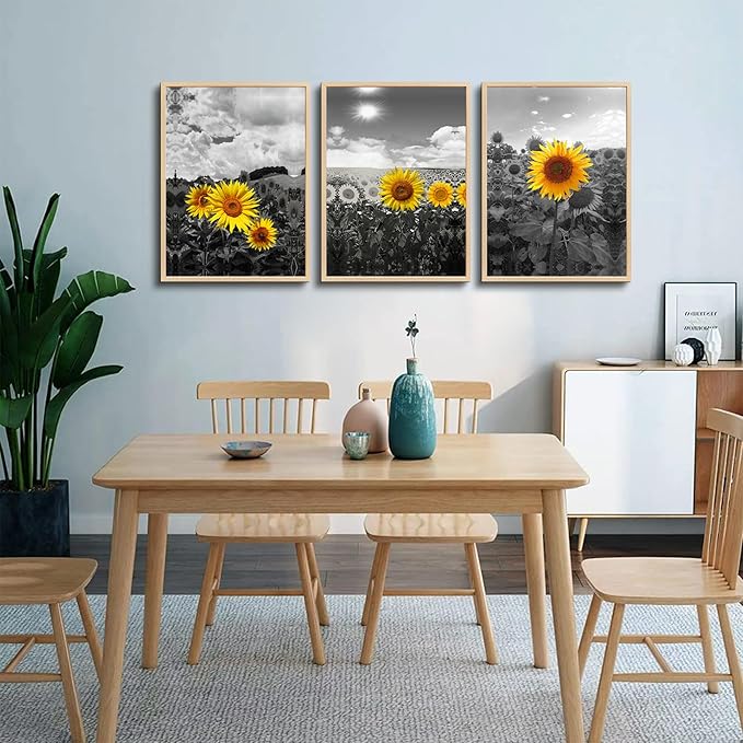 hyidecorart Natural Framed Wall Art - Large Sunflower Flowers Black And White Wall Pictures - Set of 3 Piece Prints - For Living Room, Kitchen, Bedroom