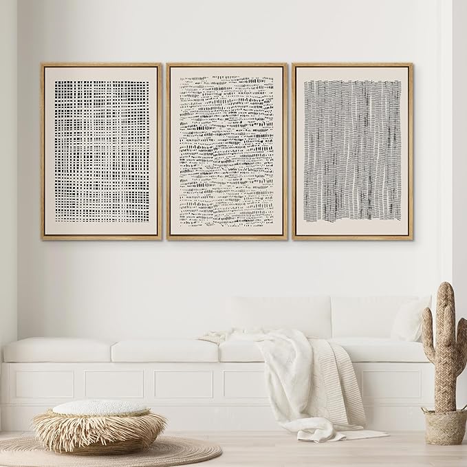 SIGNWIN Framed Canvas Print Wall Art Set Geometric Dark Black Grid Wave Pattern Abstract Shapes Cozy Neutral Modern Art Decorative Contemporary for Living Room, Bedroom, Office - 16"x24"x3 Natural