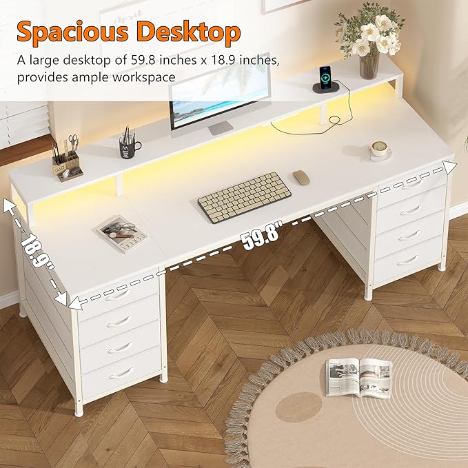 60 Inch Computer Desk with 8 Fabric Drawers, Gaming Desk with LED Lights & Power Outlets, Home Office Desk with Monitor Stand, White