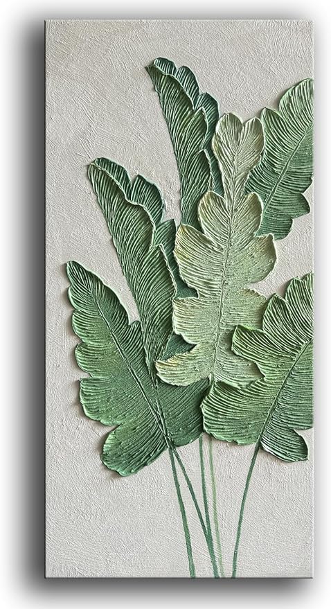 YaSheng Art- large Vertical Wall Art Oil Paintings ,Handmade 3D Textured Wall Art Green Large leaf plant Artwork paintings ,Modern Minimalist Abstract Wall Art painting, Wall Art for living room Bedroom Wall Deco Home, Framed Wall Art Pictures 30x60inch