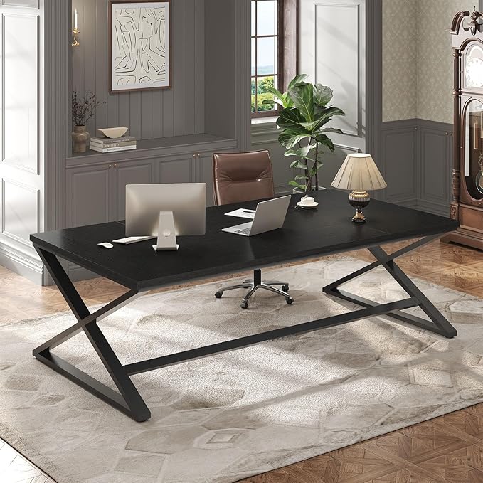 IBF Large Black Computer Desk, 70.8” Long Writing Desk for Home Office, Modern Simple Executive Work Study Desk for Two Person, Wood Double PC Gaming Workstation Computer Table for Bedroom, Black Oak