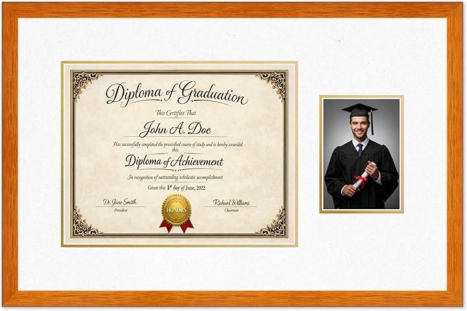 Diploma Frame With Photo Opening Honey Oak Oyster Shell Over Gold Mat - Fits 14 x 11 Degree and Picture Made in the USA