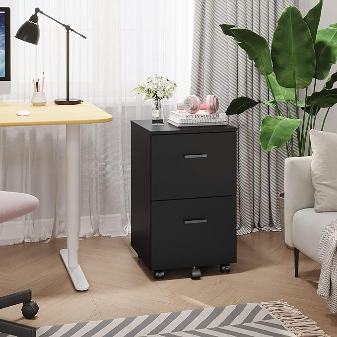 Panana 2 Drawer Mobile File Cabinet, Wood Rolling Filing Cabinet Printer Stand Under Desk Storage Organizer Fits Letter Size File Folders for Home Office (Black)