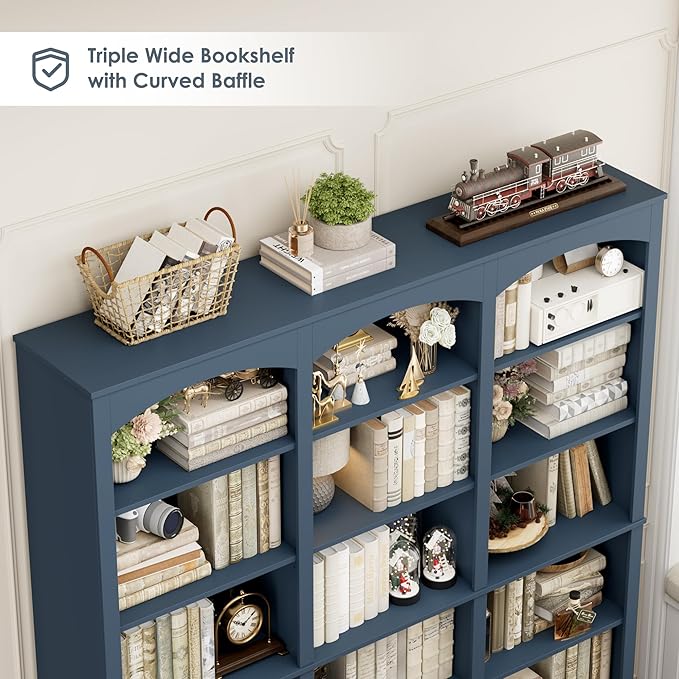 FACBOTALL 71" Triple Wide Bookshelf, 6 Tier Tall Bookshelf, Large Arched Bookcase with Curved Baffle, 63.4" Wide Book Shelf with 18 Open Display Shelves for Living Room, Study, Blue