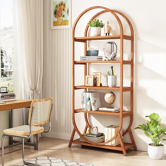 Tribesigns 5-Tier Open Bookshelf, 70.8" Tall Arched Bookcase, Modern Brown Storage Bookshelves, Freestanding Display Rack Shelving Unit for Office, Bedroom, Living Room, Easy Assembly
