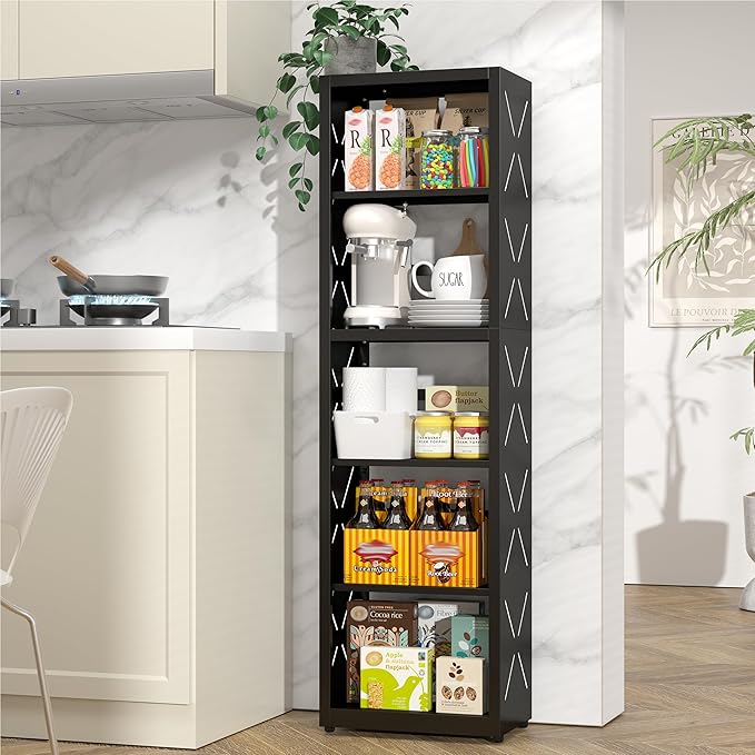 5 Tier Bookshelf, 55"Tall Metal Bookcase with Adjustable Shelves, Modern Display Book Shelf, Black Bookcase Shelf, Utility Shelf, Storage Shelves for Office, Living Room, Kitchen, Study-16"W