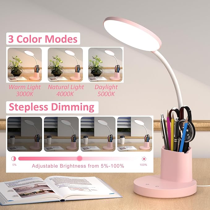 Desk Lamp, LED Desk Lamp for Home Office, Touch Table Lamp with 3 Color Modes 360° Adjustable Arm, Dimmable Desk Light with Pen Phone Holder, Pink