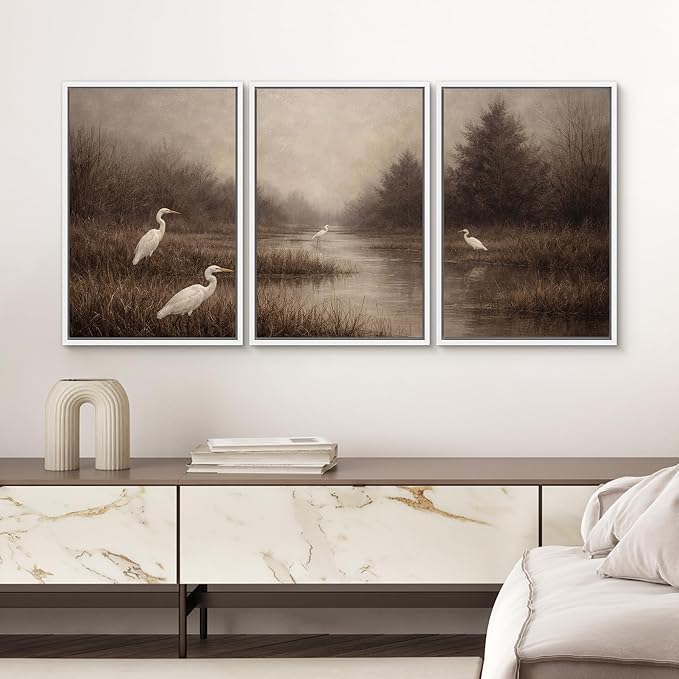 SIGNWIN Framed Canvas Print Wall Art Set Misty Marsh Herons Illustrations Decorative Relax/Calm Zen for Living Room, Bedroom, Office - 24"x36"x3 WHITE